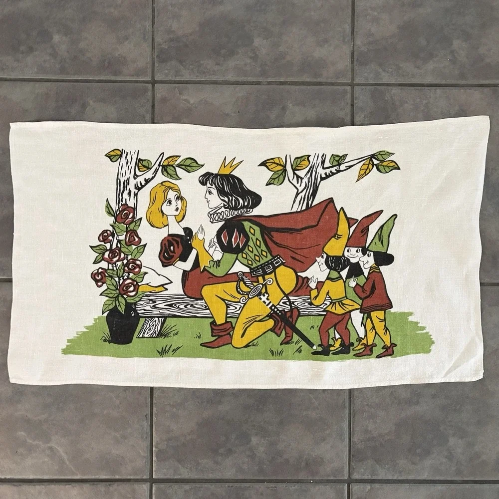 Vtg Retro‎ Snow White Themed Linen Kitchen Tea Towel Off White 28x15.5